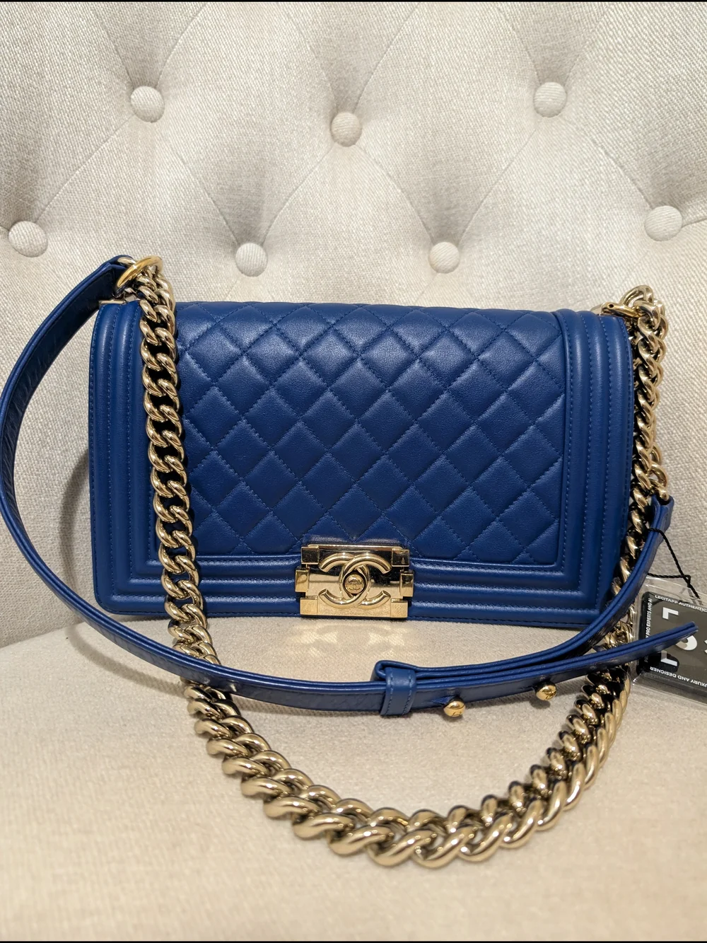 CHANEL Blue Quilted boy Shoulder Bag Gold Hardware Chain Strap CC